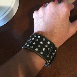 Bling Black Leather Cross Bracelet w/ Rhinestones